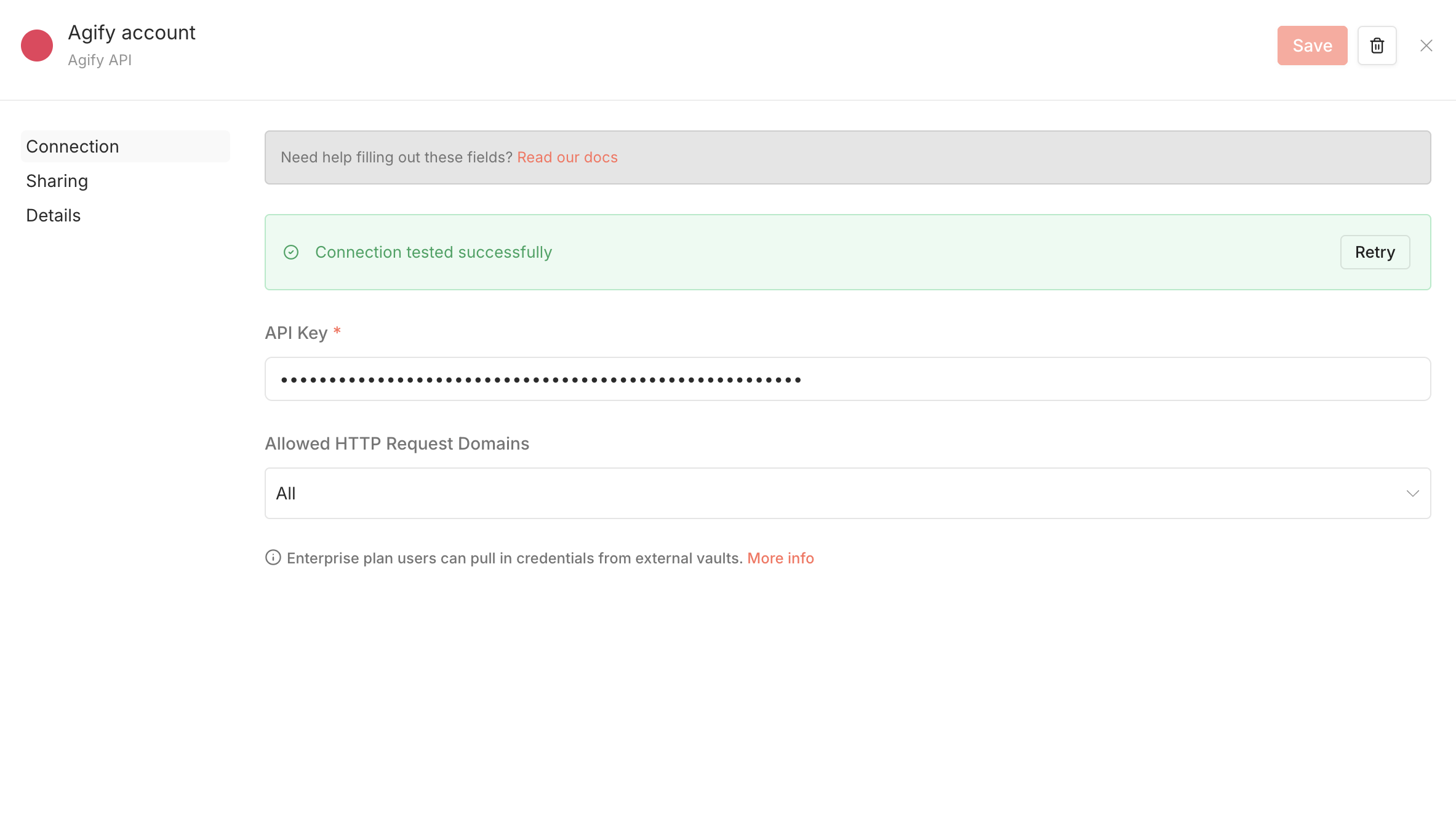 n8n credentials panel with the Agify API key field.