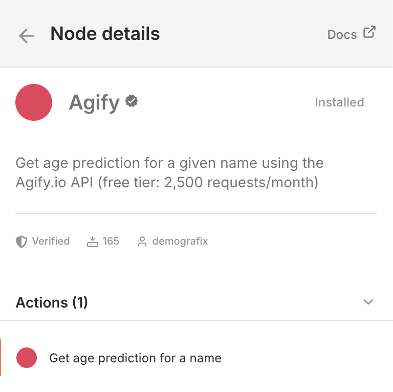 n8n node picker with Agify selected.