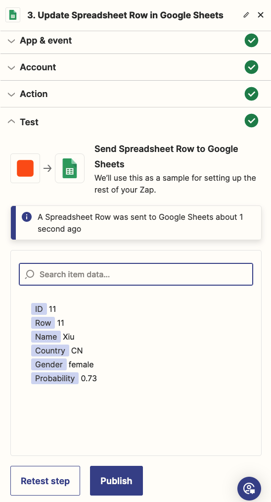 Test update action